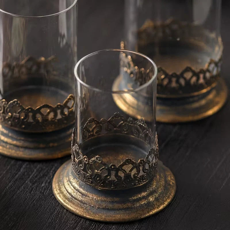 Antiqued Gold and Glass Candle Hurricane Set
