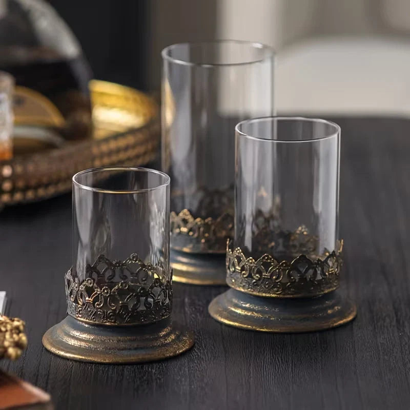 Antiqued Gold and Glass Candle Hurricane Set