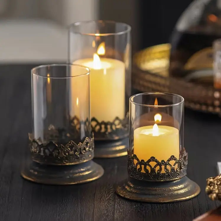 Antiqued Gold and Glass Candle Hurricane Set