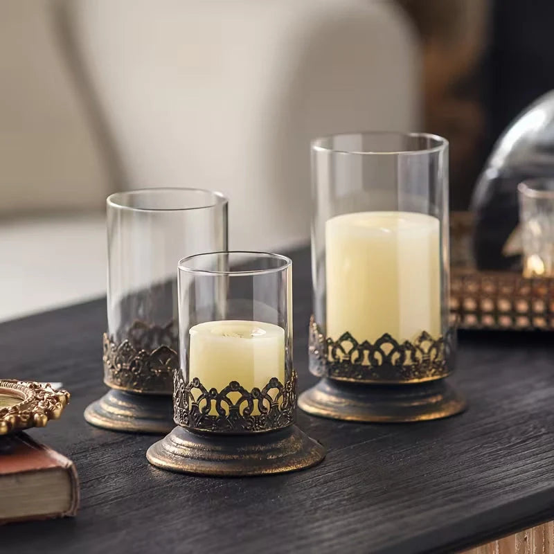 Antiqued Gold and Glass Candle Hurricane Set