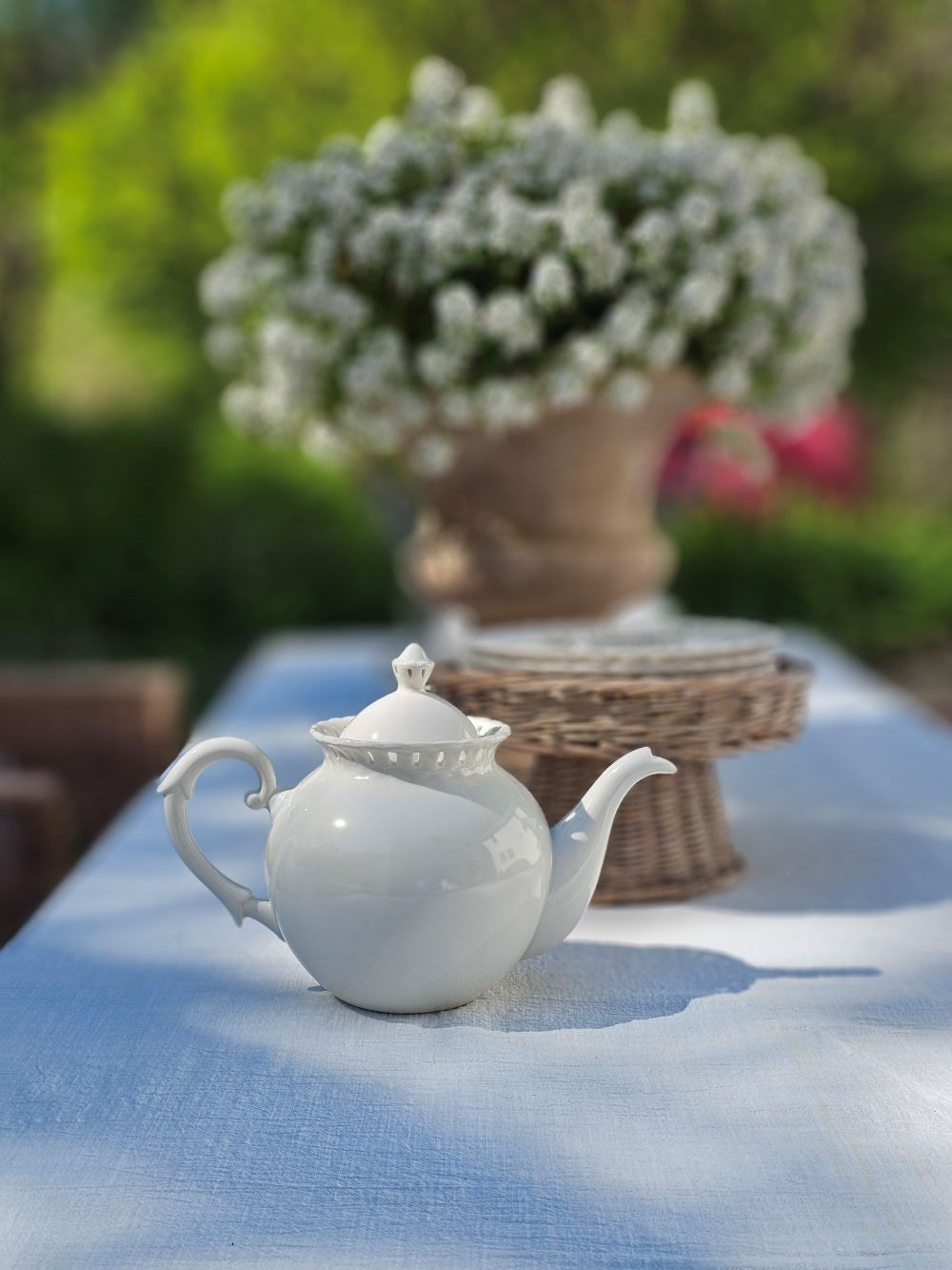 Antique White Keepsake Teapot with Pierced Lace Trim