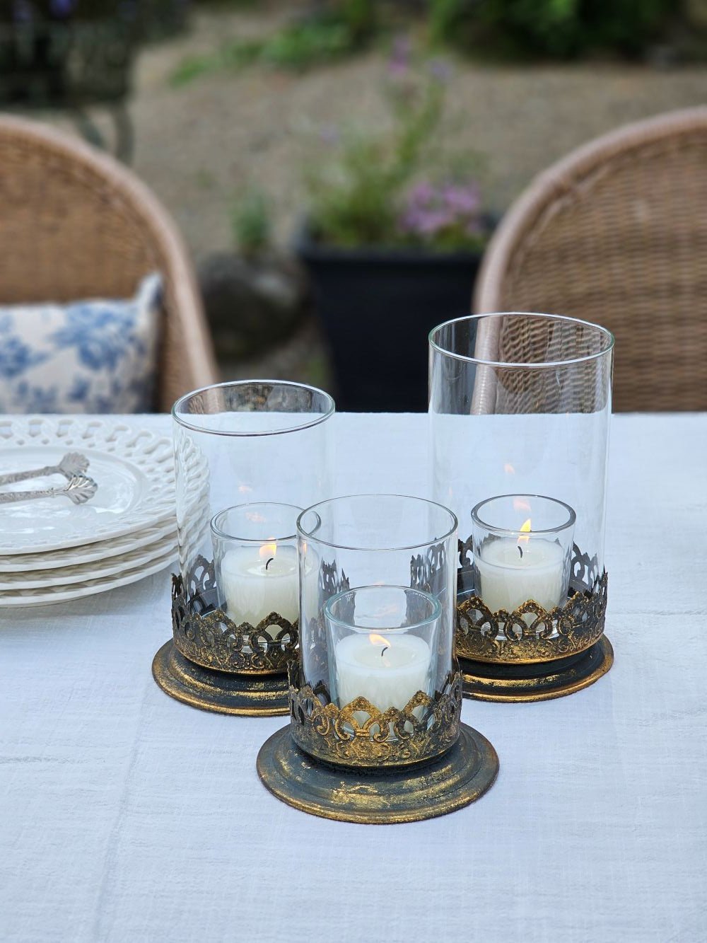 Antiqued Gold and Glass Candle Hurricane Set
