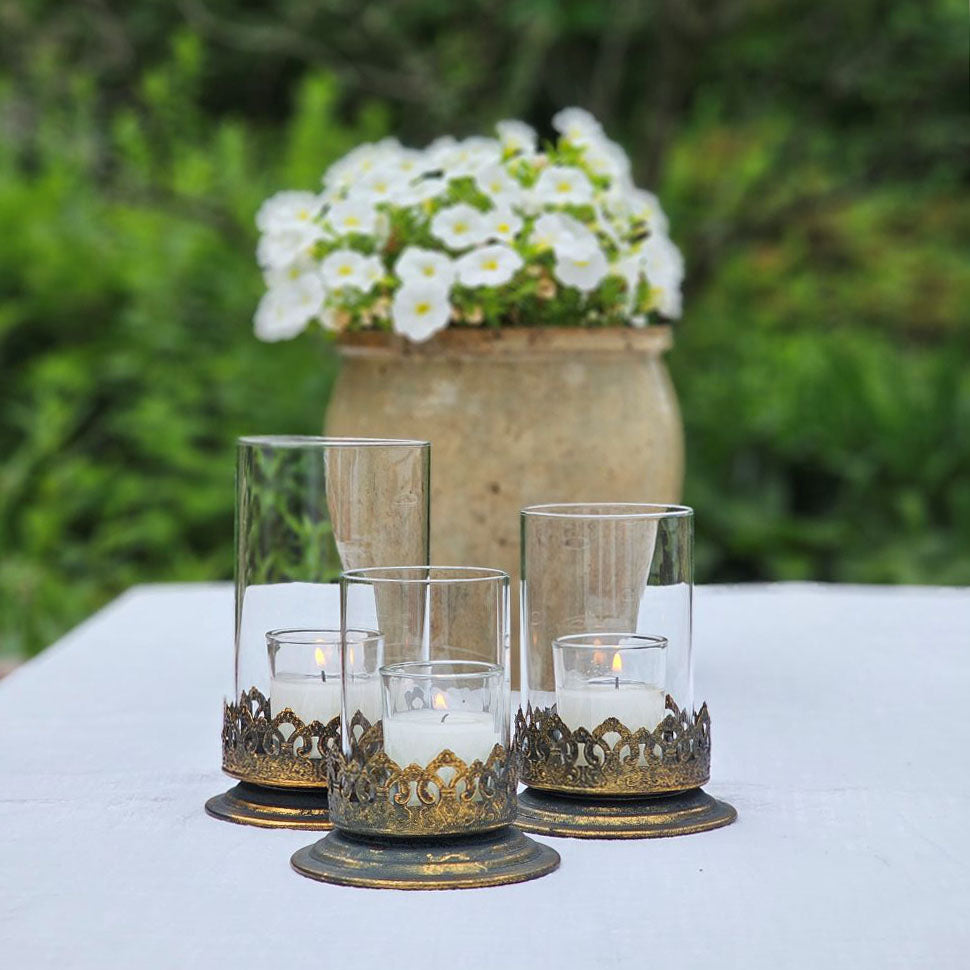 Antiqued Gold and Glass Candle Hurricane Set
