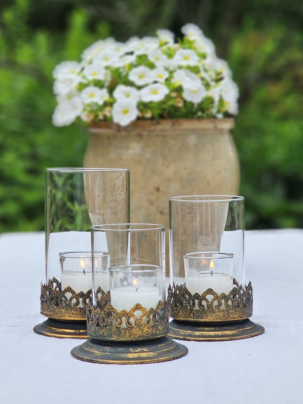 Antiqued Gold and Glass Candle Hurricane Set