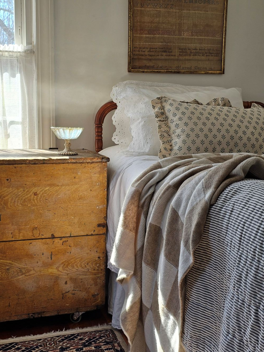 Knit Beige and Cream Checkered Throw Blanket
