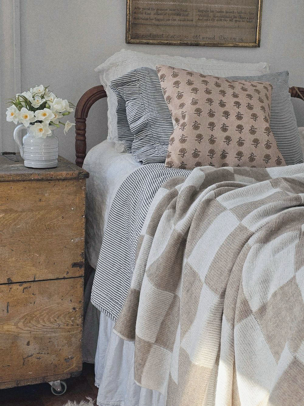 Knit Beige and Cream Checkered Throw Blanket