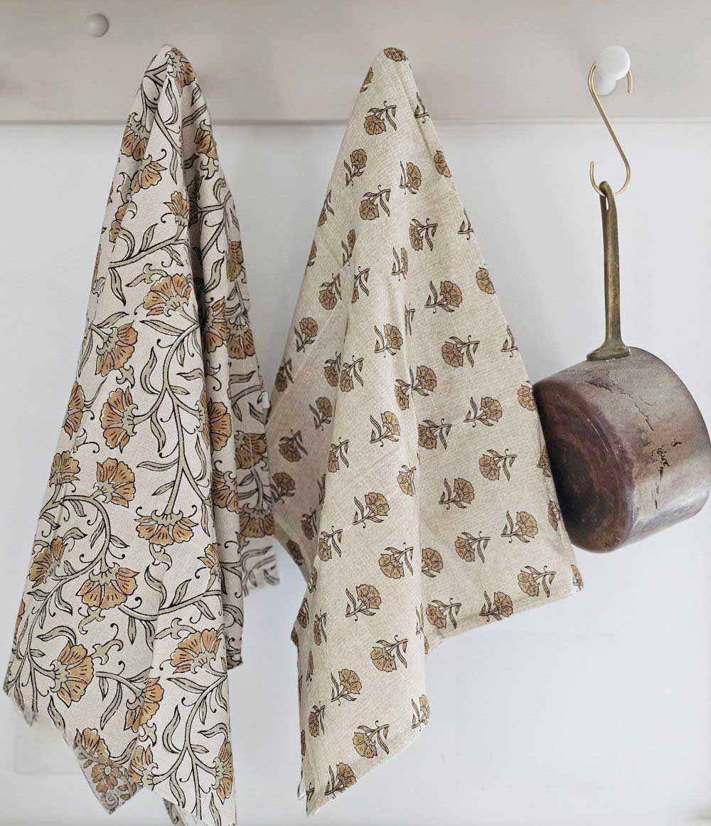 Block Print Mustard Flowers Tea Towel Set