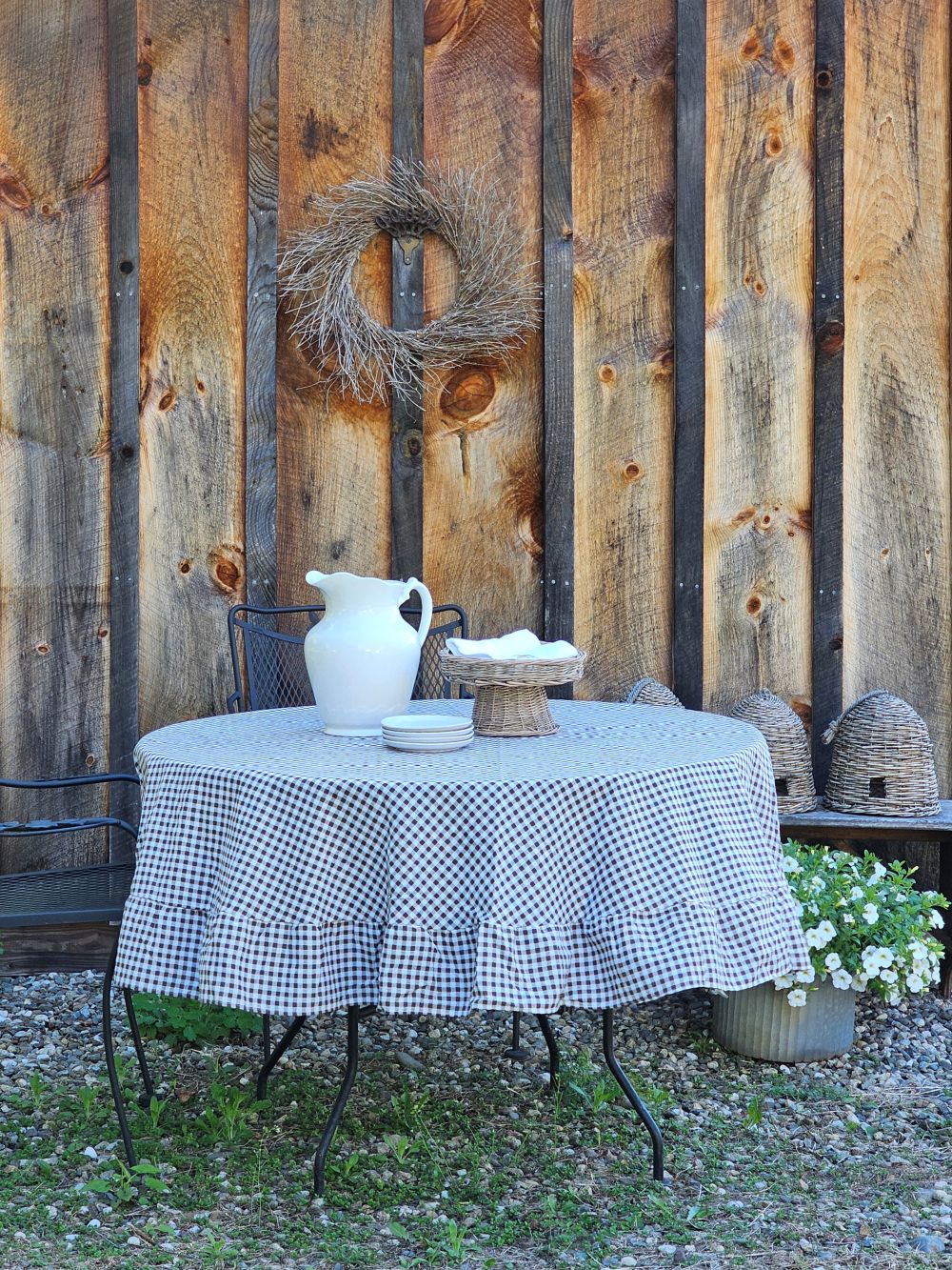 Brown and White Gingham Check Tablecloth with Ruffled Edge