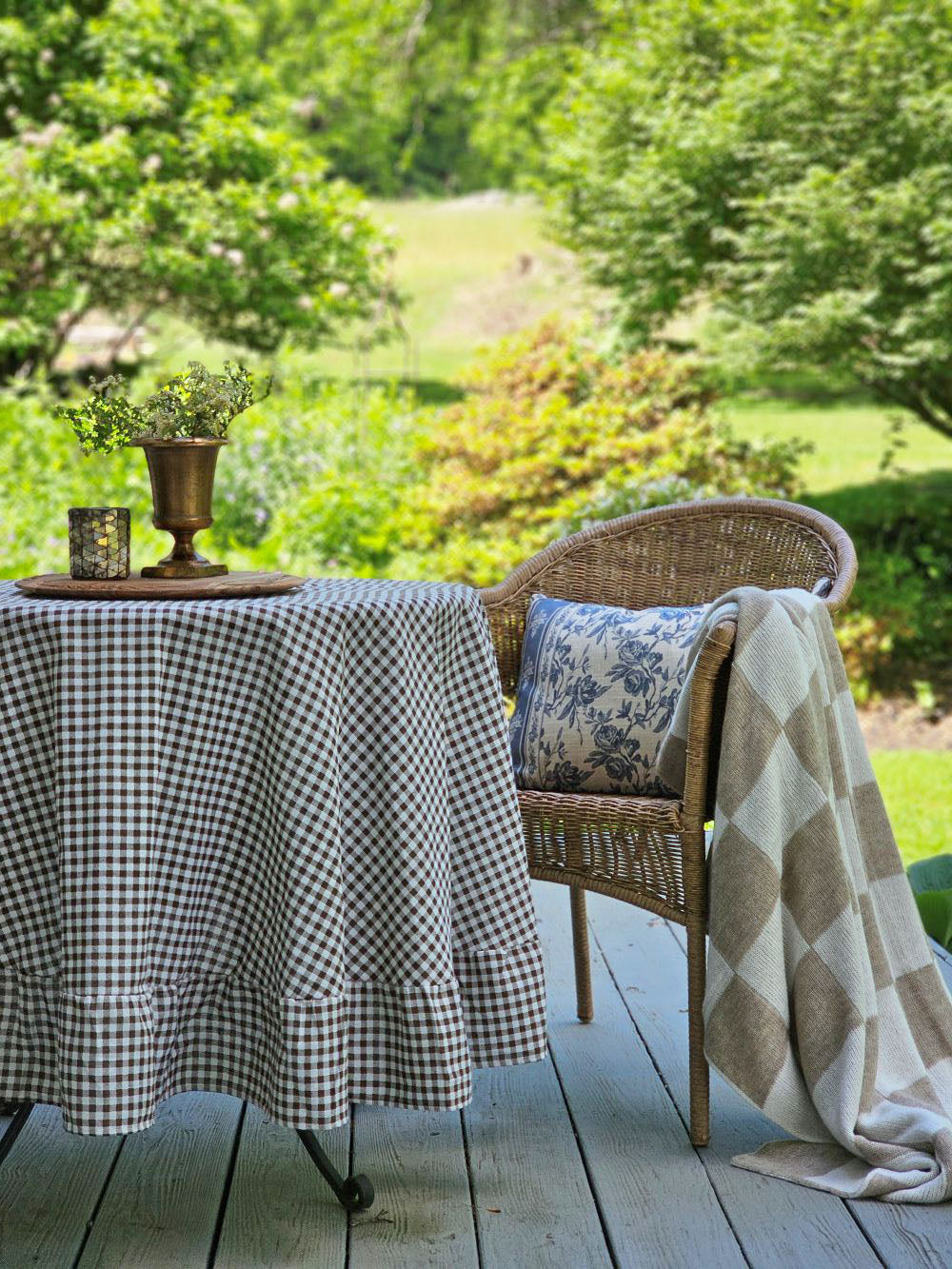 Brown and White Gingham Check Tablecloth with Ruffled Edge