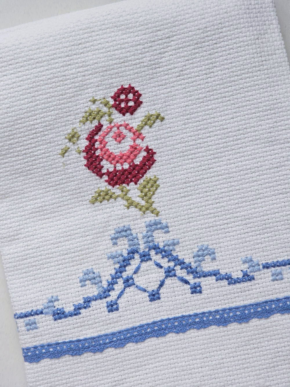 Cross Stitch Embroidered Cottage Tea Towel