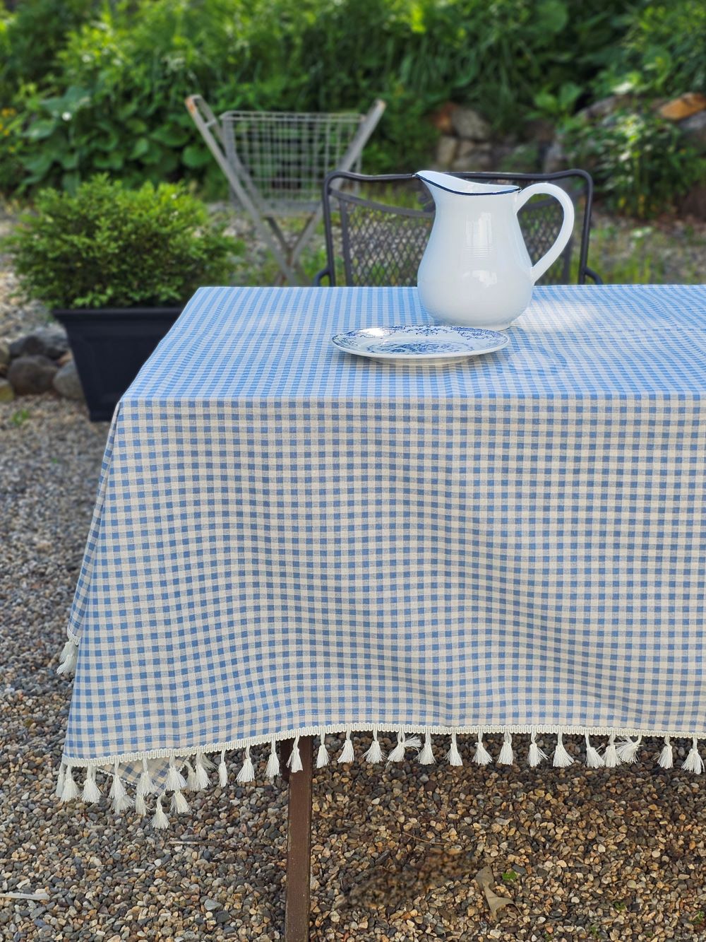 French Blue Gingham Tablecloth with Tassel Trim