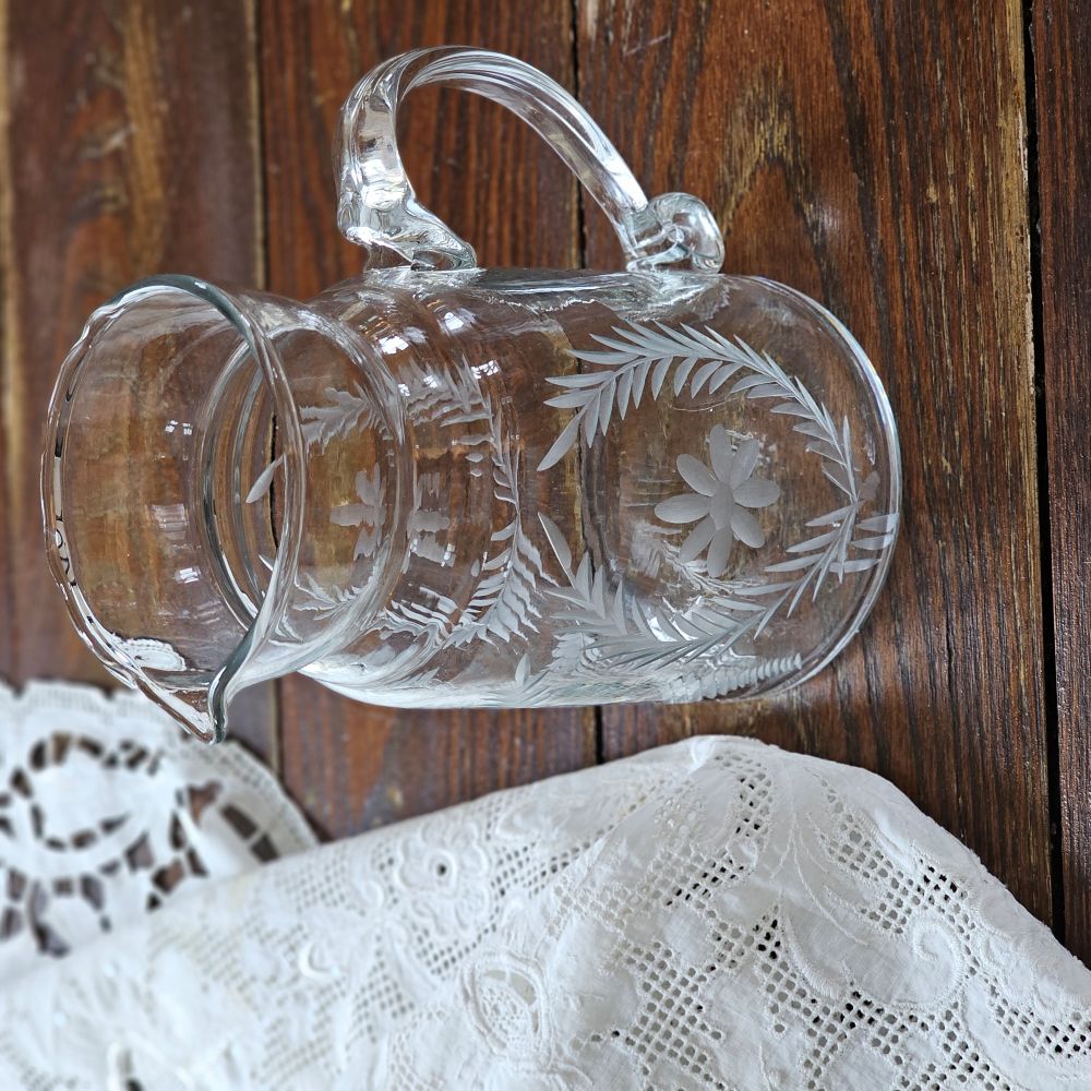 French Country Etched Glass Pitcher