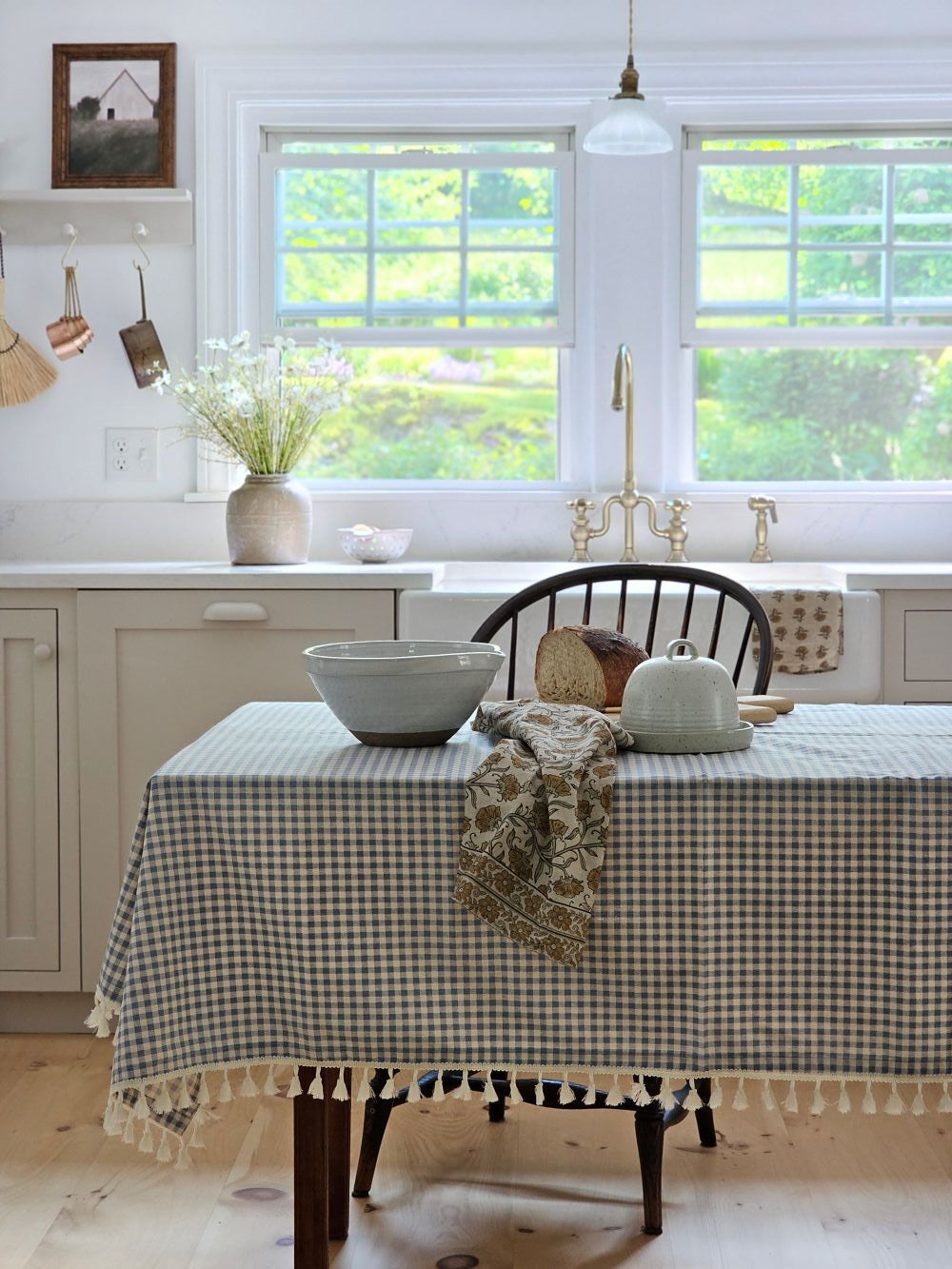 French Blue Gingham Tablecloth with Tassel Trim