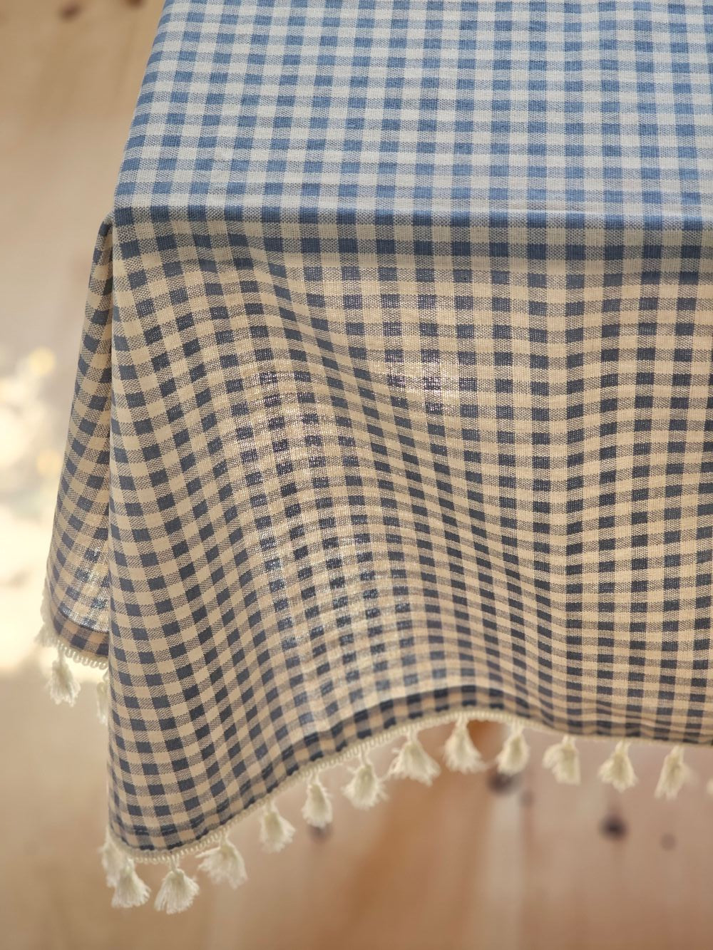 French Blue Gingham Tablecloth with Tassel Trim