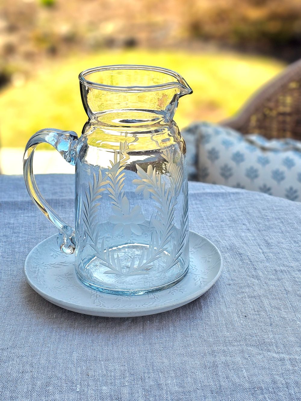 French Country Etched Glass Pitcher