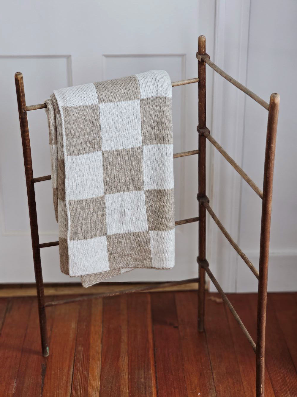 Knit Beige and Cream Checkered Throw Blanket