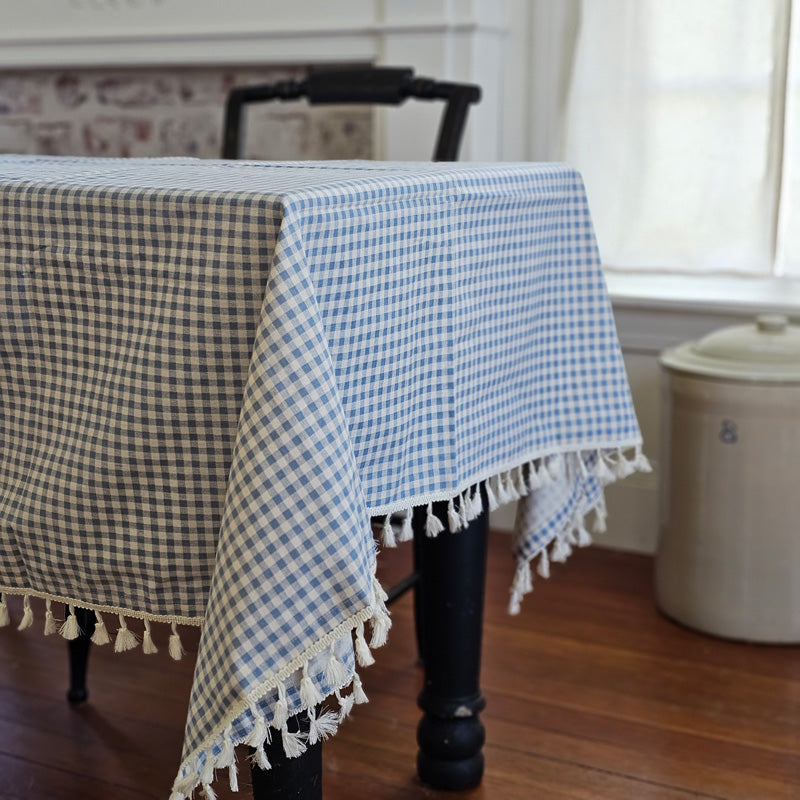 French Blue Gingham Tablecloth with Tassel Trim
