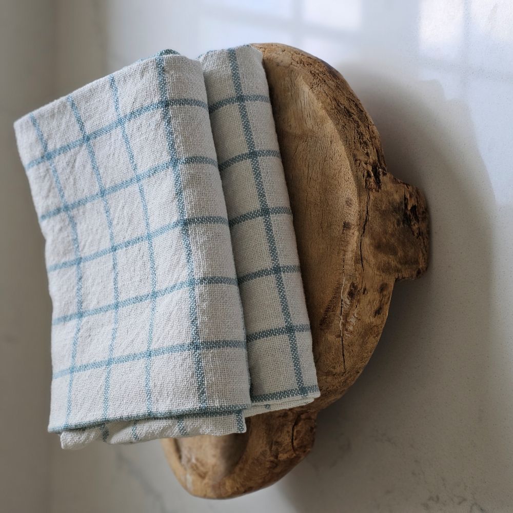 Light Blue and Oatmeal Check Kitchen Towel Set