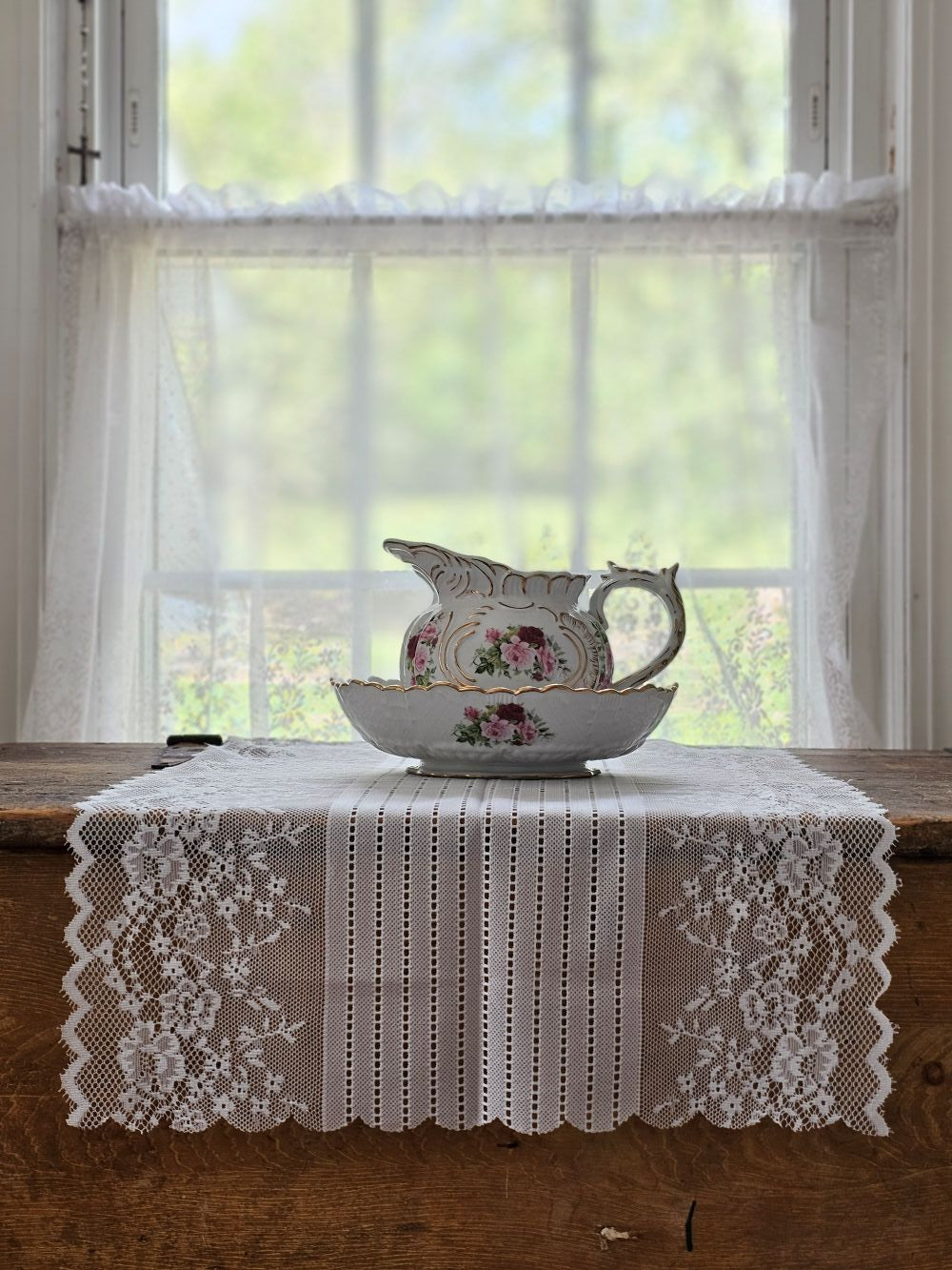 Porcelain White Pitcher and Bowl with Vintage Rose and Gold Accents