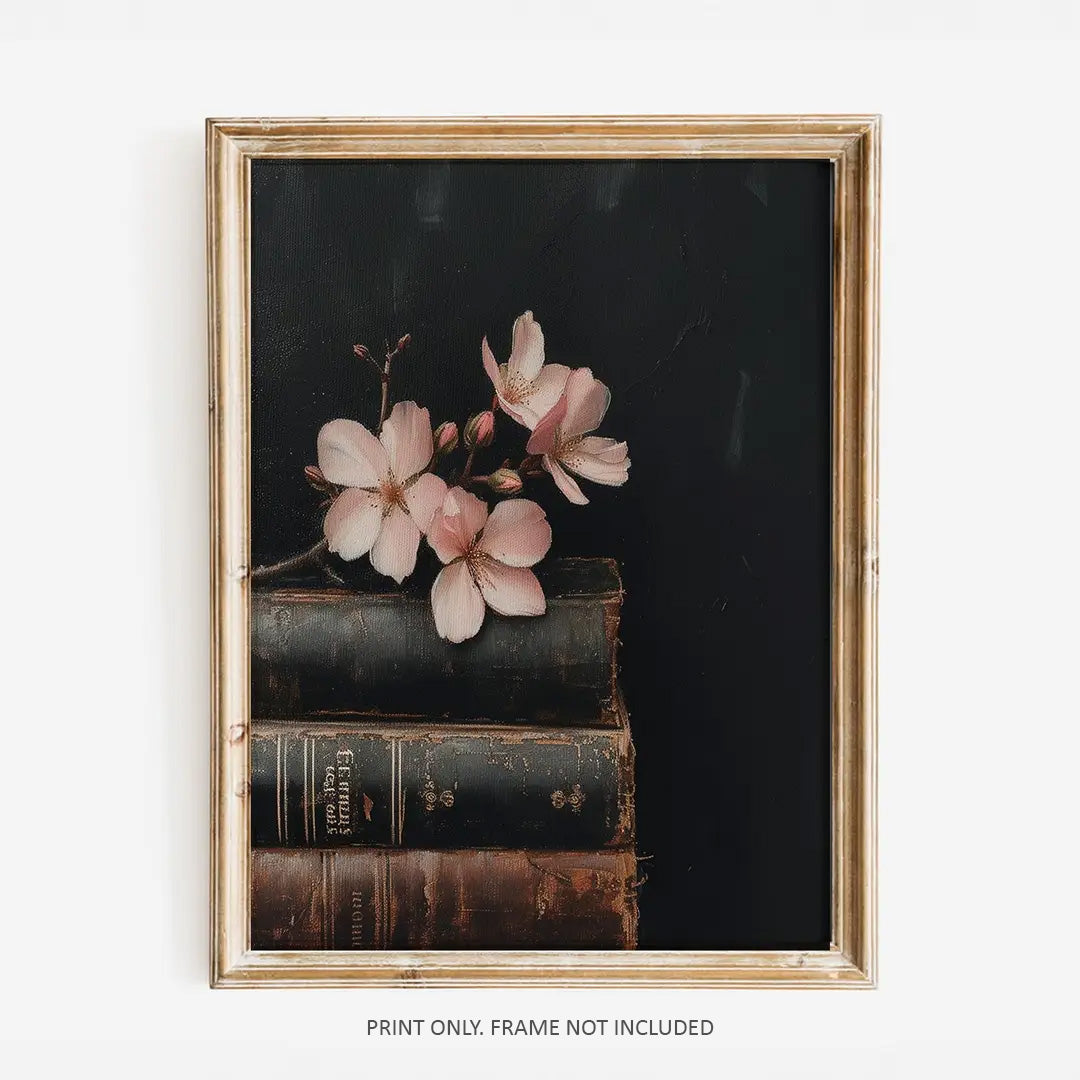 Vintage Still Life Art Print with Pink Blossoms and Books