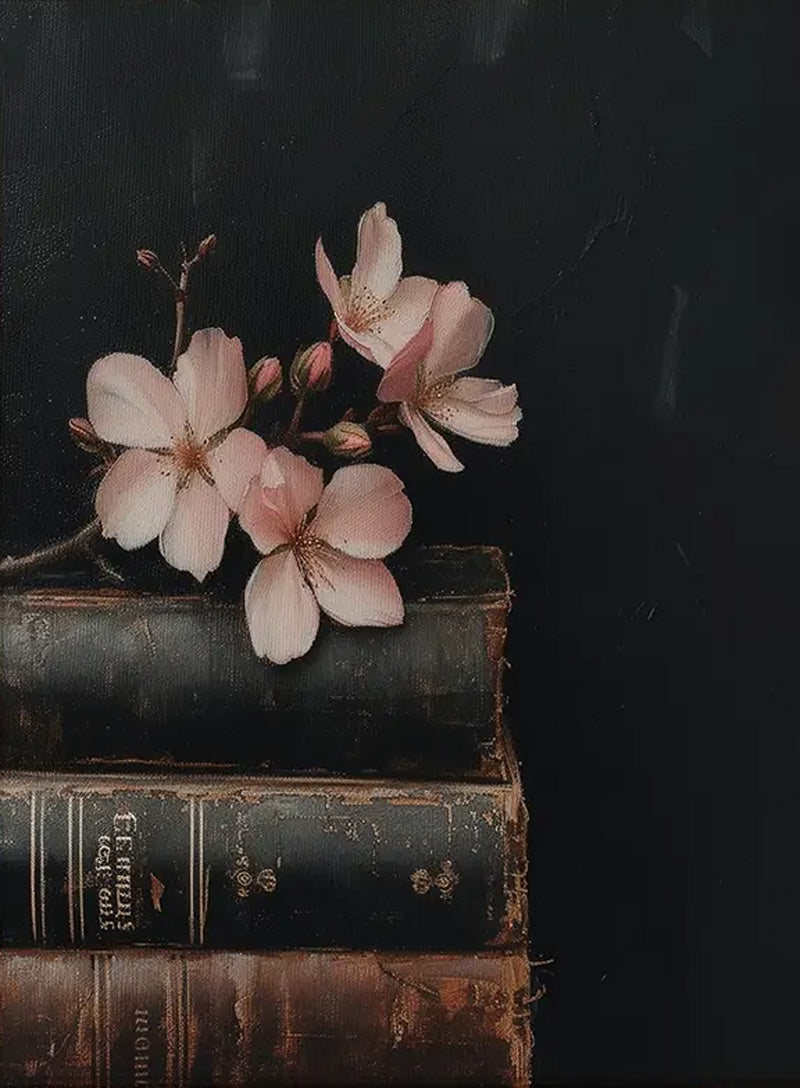 Vintage Still Life Art Print with Pink Blossoms and Books