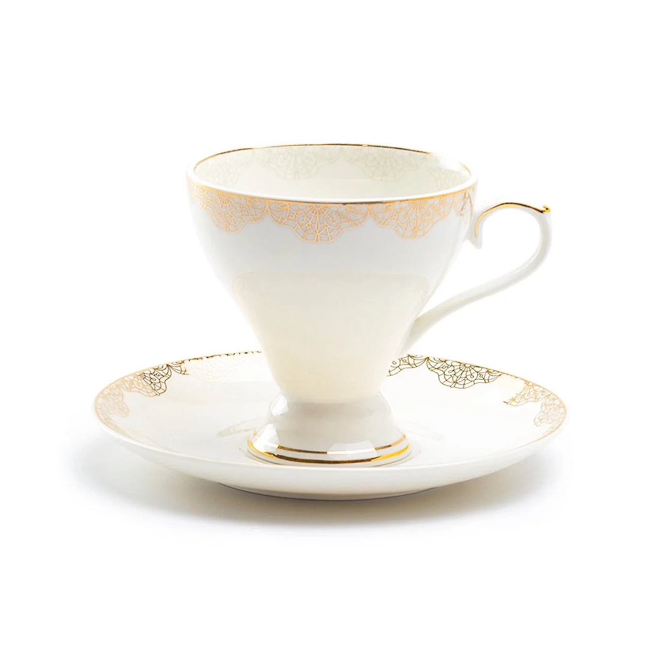 White Porcelain Tea Cup and Saucer with Gold Lace Design