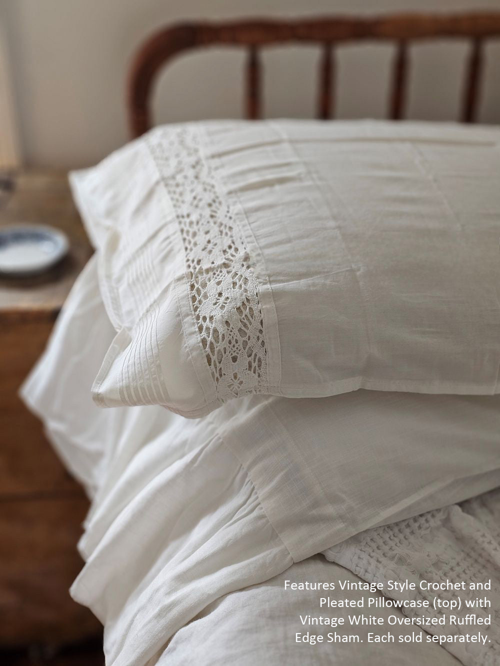 Vintage Style Crochet Lace and Pleated Edge Pillowcase Set Ivory