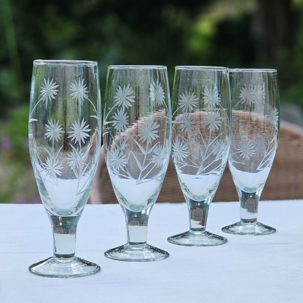 Vintage Style Etched Flute Glasses, Set of Four