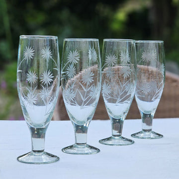 Vintage Style Etched Flute Glasses, Set of Four