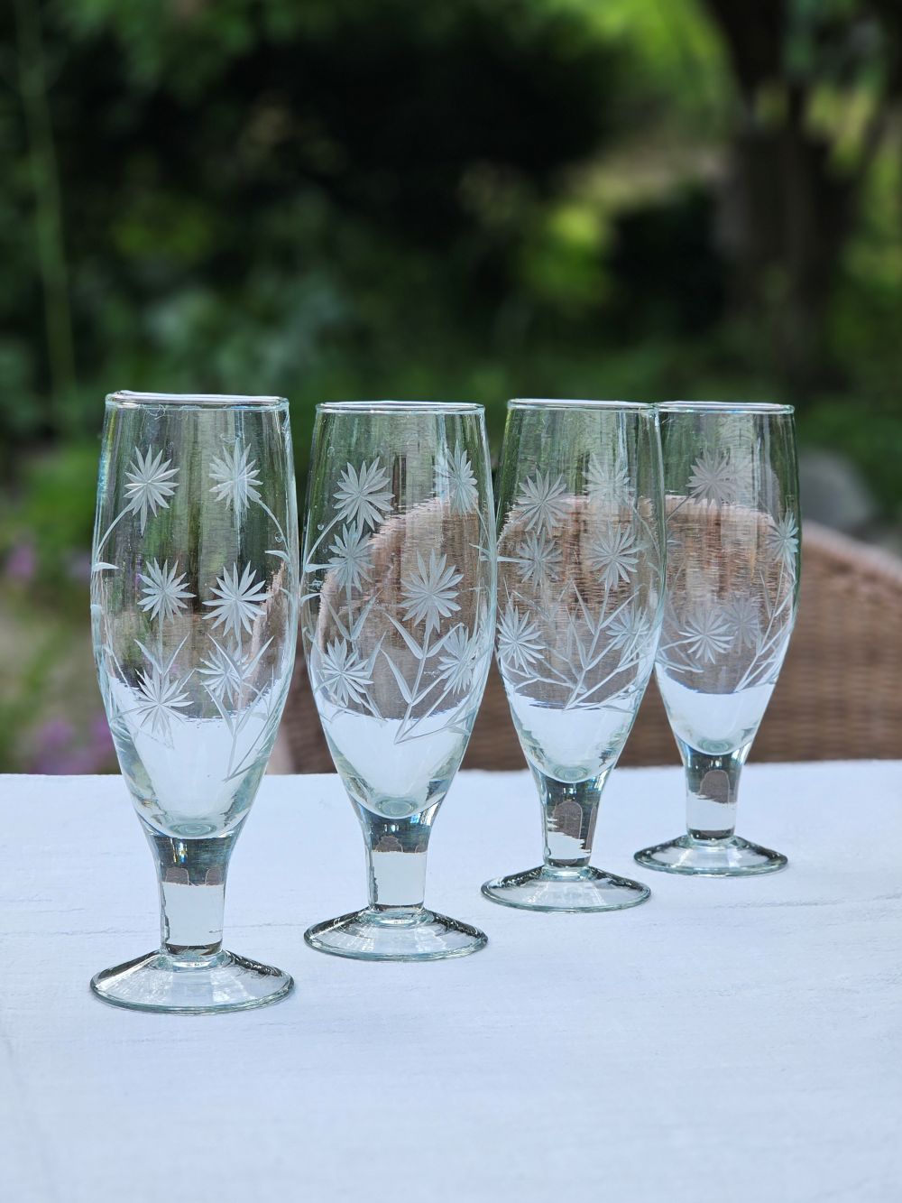 Vintage Style Etched Flute Glasses, Set of Four