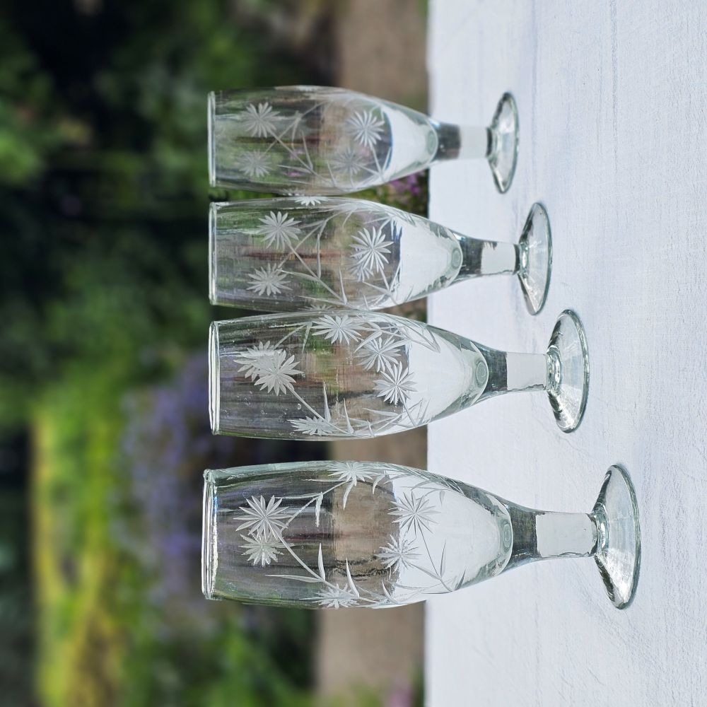 Vintage Style Etched Flute Glasses, Set of Four