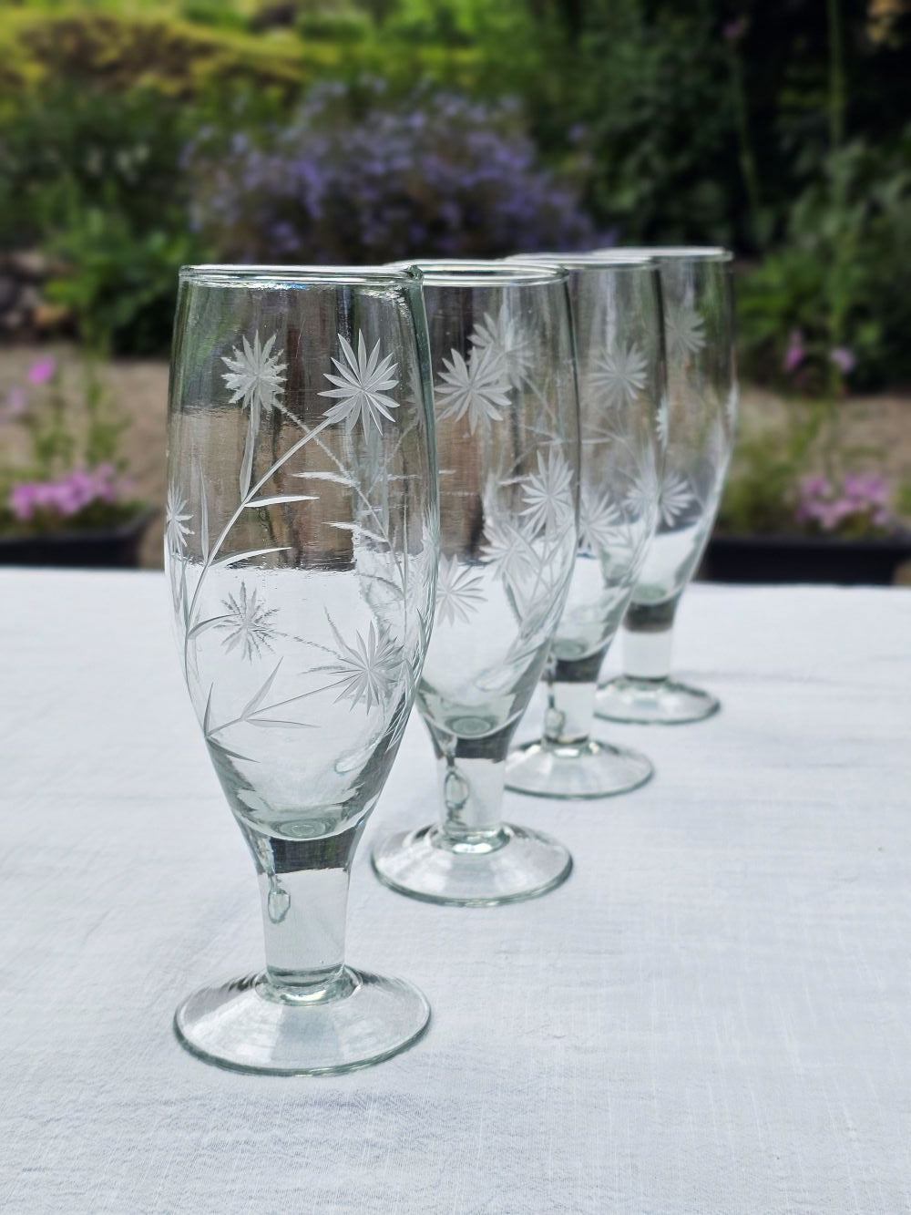 Vintage Style Etched Flute Glasses, Set of Four