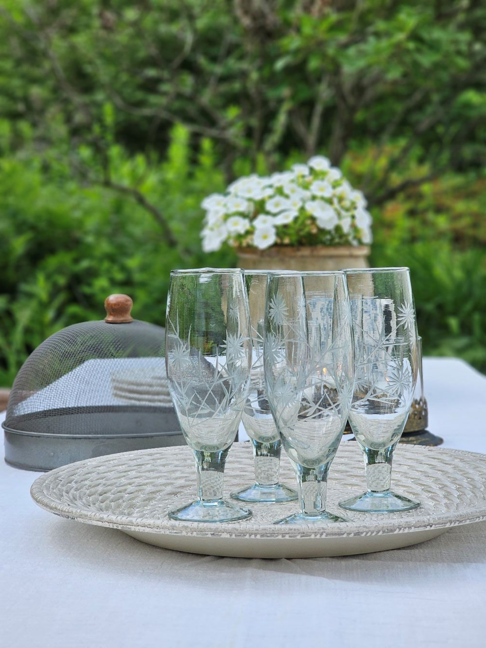 Vintage Style Etched Flute Glasses, Set of Four