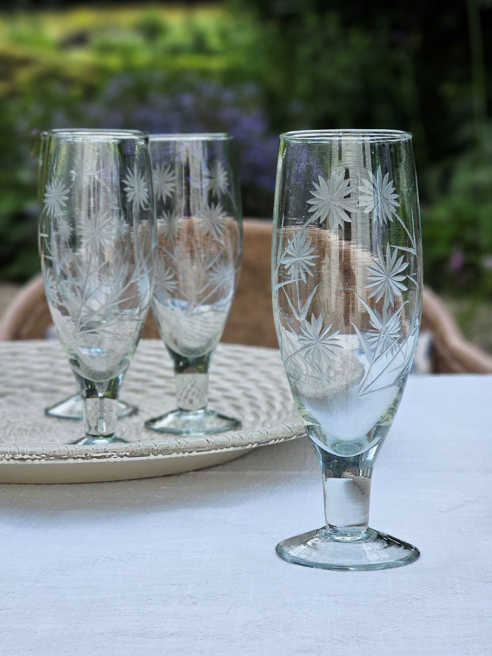 Vintage Style Etched Flute Glasses, Set of Four