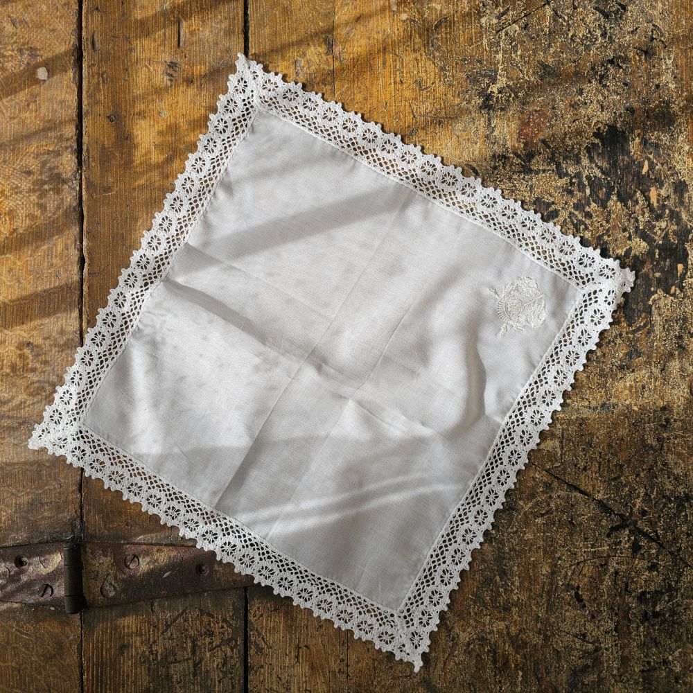 White Lace Thistle Embroidered Handkerchief