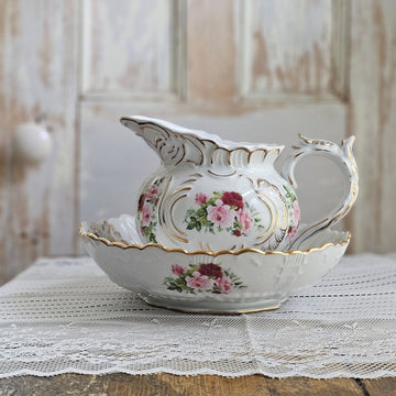Porcelain White Pitcher and Bowl with Vintage Rose and Gold Accents