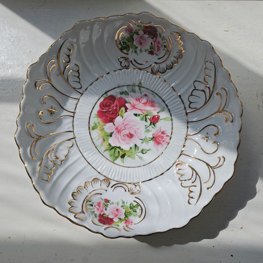 Porcelain White Pitcher and Bowl with Vintage Rose and Gold Accents