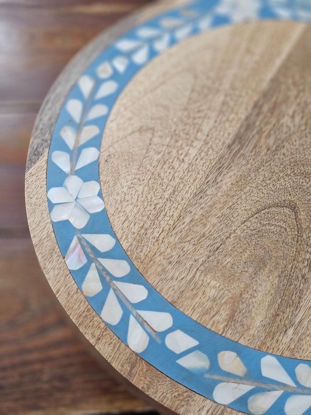 Wood Riser with Blue Inlay Design